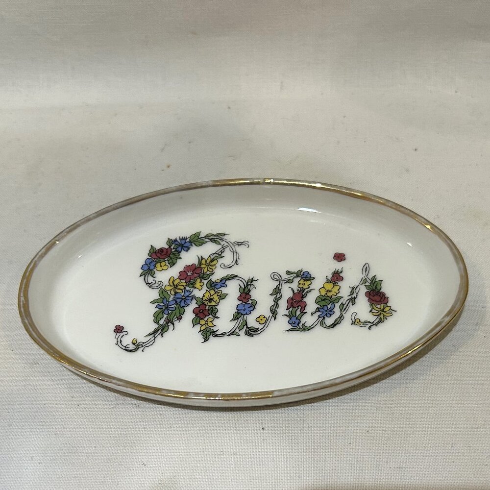 VTG Limoges France Porcelain Oval Trinket Dish Floral Paris 4.75" x 3"